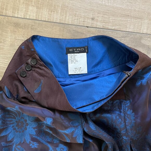 Etro Milano Suit Womens 42 Italy Brown Blue Wool Silk Brocade Handkerchief Skirt - Picture 12 of 14